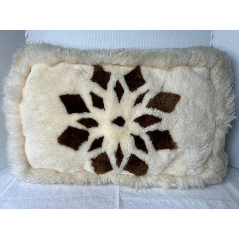 Vintage Plush Throw Pillow Cream Brown‎ Snowflake Shaggy Faux Fur Accent Pillow